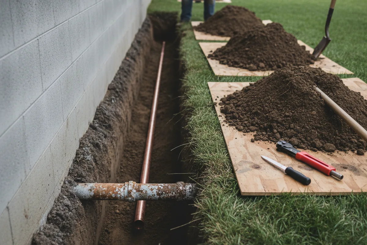 Excavated water line trench during Sewer Line Repair in Saint Amant